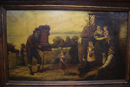 English School (19th century), The hurdy-gurdy man, oil on canvas, 29 x 49cm